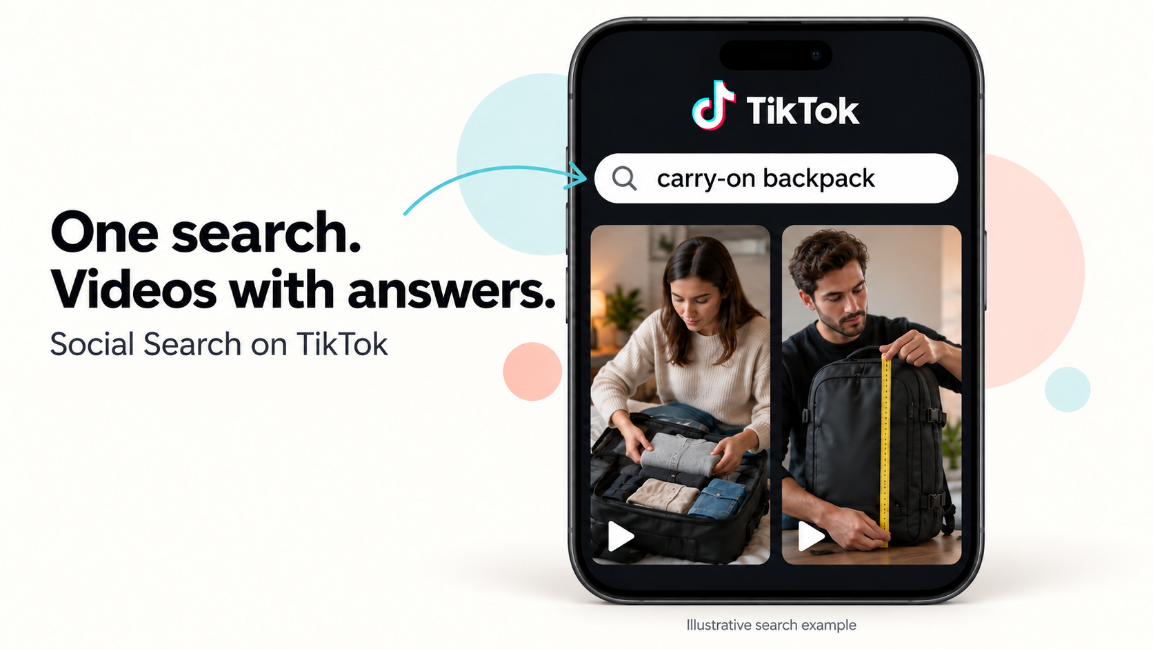 Illustrative TikTok search for a carry-on backpack and videos answering the query
