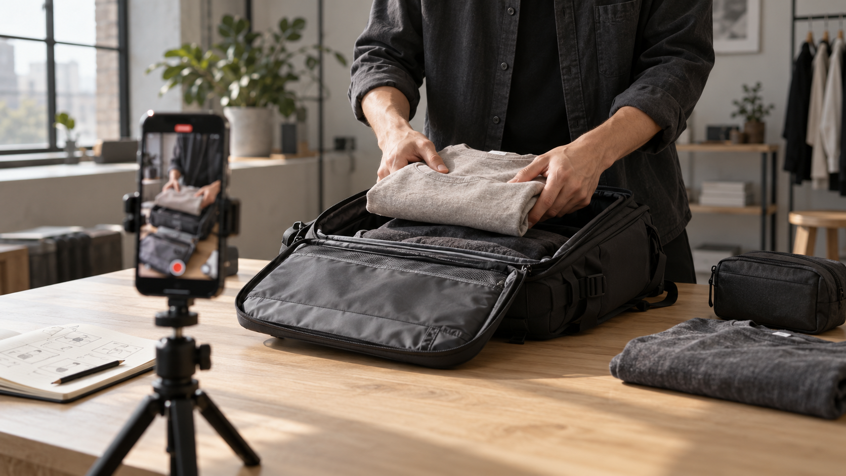 Filming a video demonstrating a backpack’s capacity